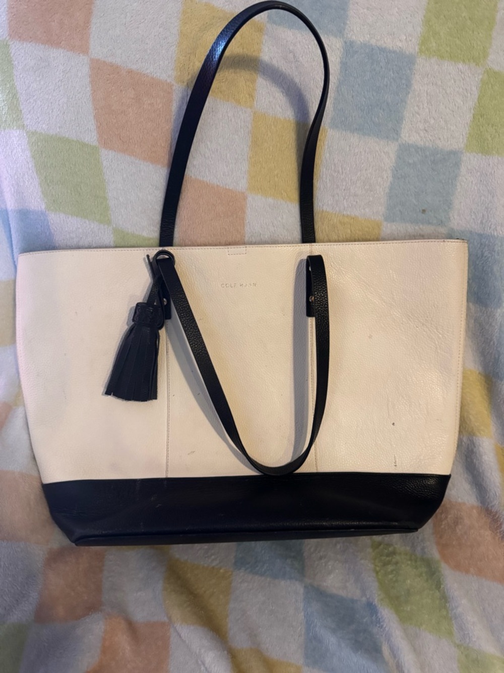 COLE HAAN Two-Tone Leather Tote Bag in Ivory and Black